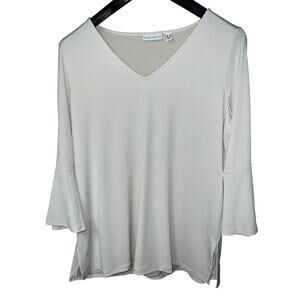 Susan Graver Top Womens Large Liquid Knit 3/4 Flare Sleeve Goldtone Ring Detial